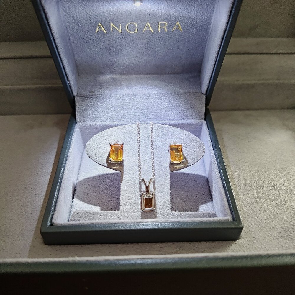 ANGARA Emerald-Cut Citrine Stud Earrings & Necklace w Diamond 925sterling Silver